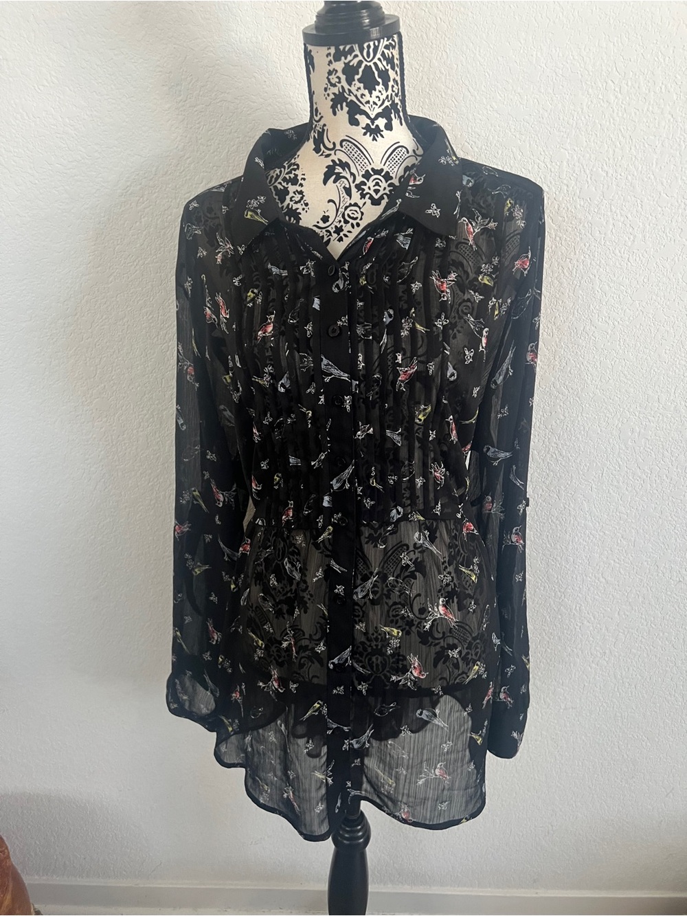 Torrid Black Bird Print Sheer Chiffon Tunic Blouse Size 3 Belted